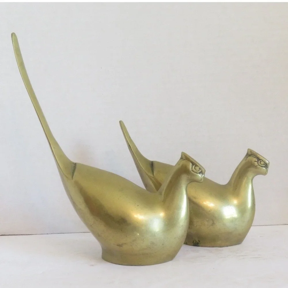Vintage MCM Pair of Brass Birds Long Tail Pheasant‎ Figurine Set